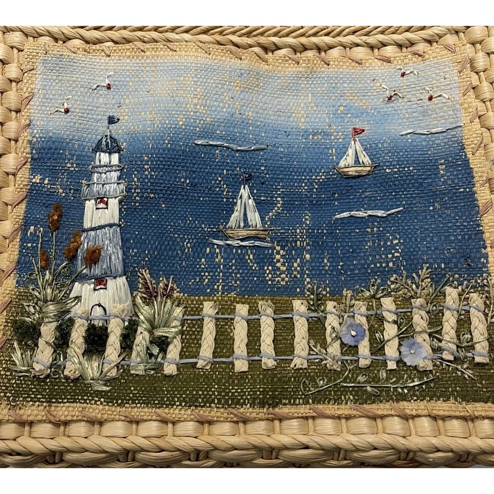 Cappelli Straworld Straw Handbag Lighthouse Sail Boat Purse Tote Bag/